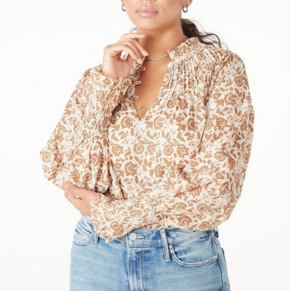 Cloebella Rezza Floral Neutral Metallic Smocked Sleeve Blouse Medium - Picture 5 of 15